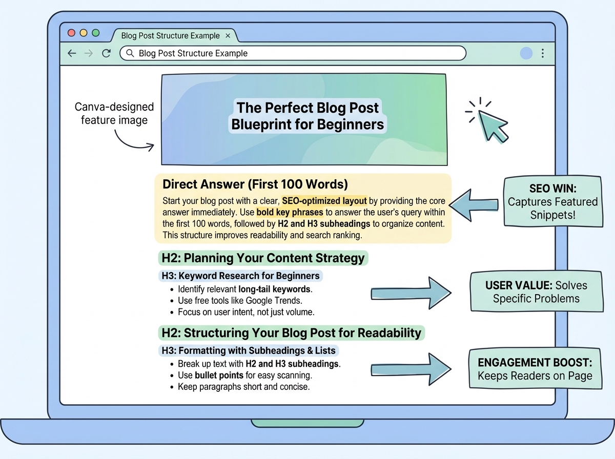 Blog article content structure example showing SEO-optimized layout with direct answer in first 100 words, H2 and H3 subheadings, bullet point lists, bold key phrases, and Canva-designed feature image for a blogging beginner