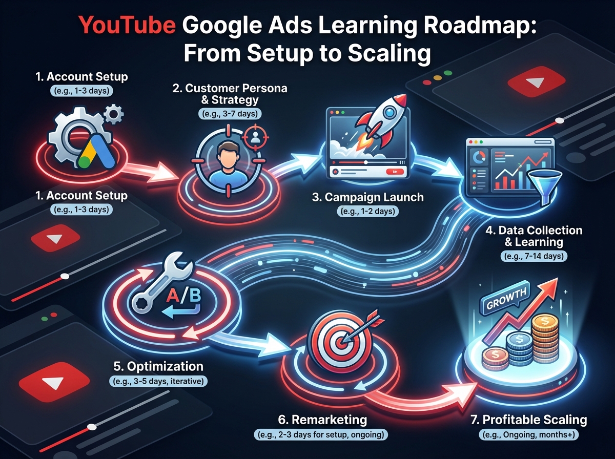 YouTube Google Ads learning roadmap showing seven sequential stages from account setup through customer persona, campaign launch, data collection, optimization, remarketing, to profitable scaling with estimated time per stage