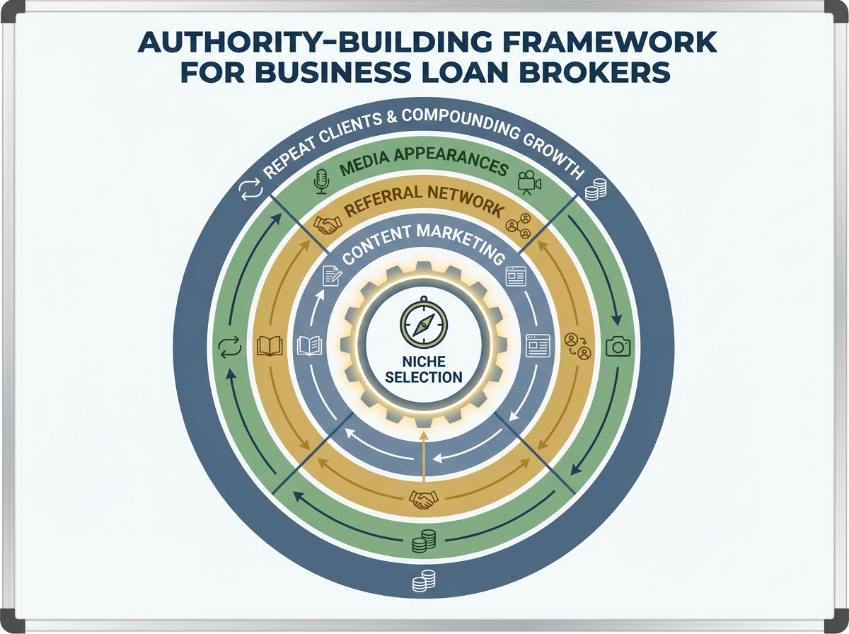 Authority-building framework for business loan brokers showing niche selection at center, surrounded by content marketing, referral network, media appearances, and repeat clients as compounding layers