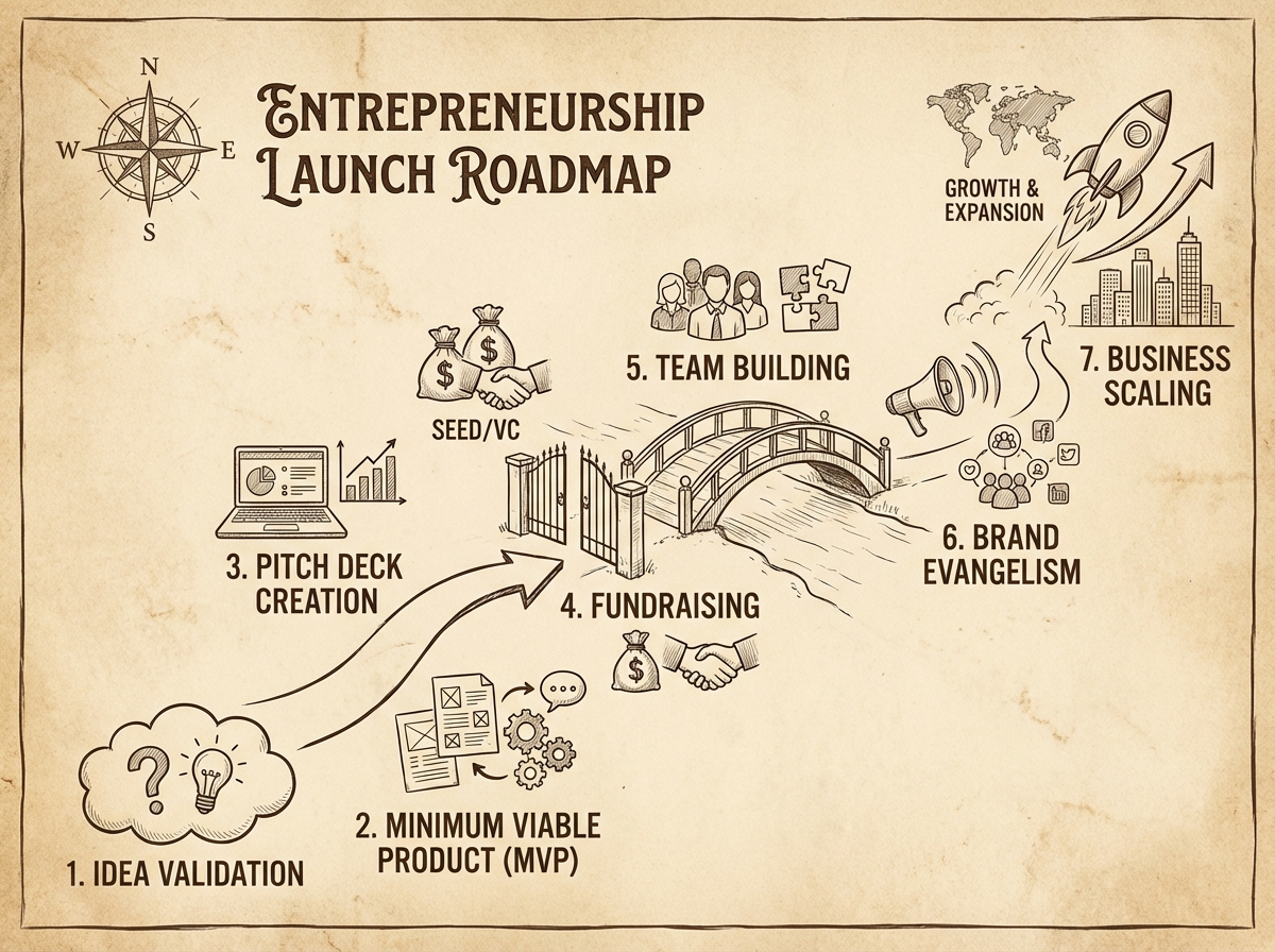 Entrepreneurship launch roadmap diagram showing progression from idea validation through MVP, pitch deck creation, fundraising, team building, brand evangelism, and business scaling stages