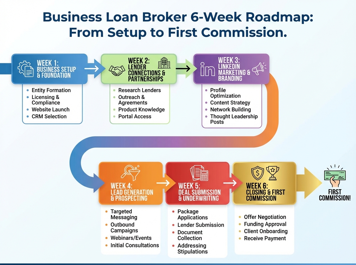 Business loan broker 6-week roadmap showing sequential stages from business setup and lender connections through LinkedIn marketing, lead generation, deal submission, and first commission