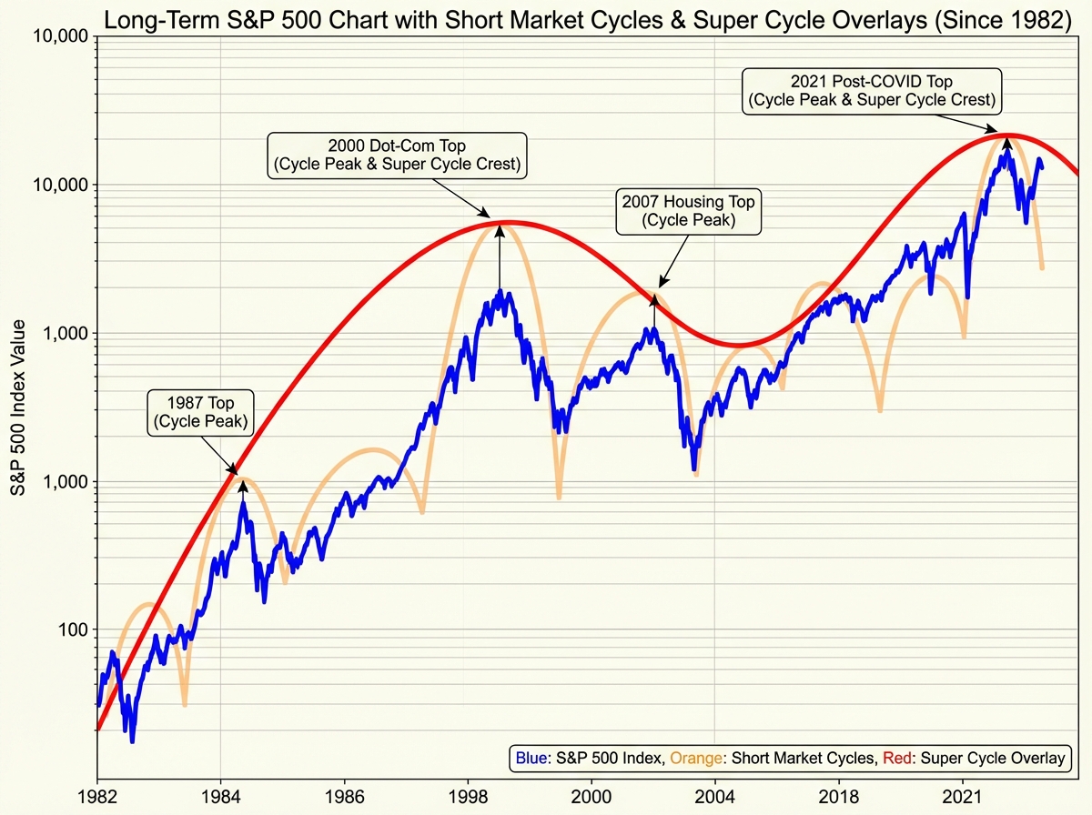 Long-term S&P 500 chart with short market cycles and super cycle overlays annotated, showing alignment between cycle peaks and major bull market tops since 1982