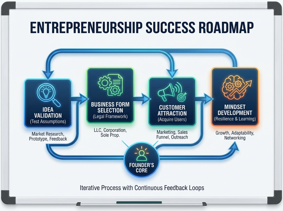 Entrepreneurship success roadmap diagram showing stages from idea validation through business form selection, customer attraction, and mindset development for startup founders