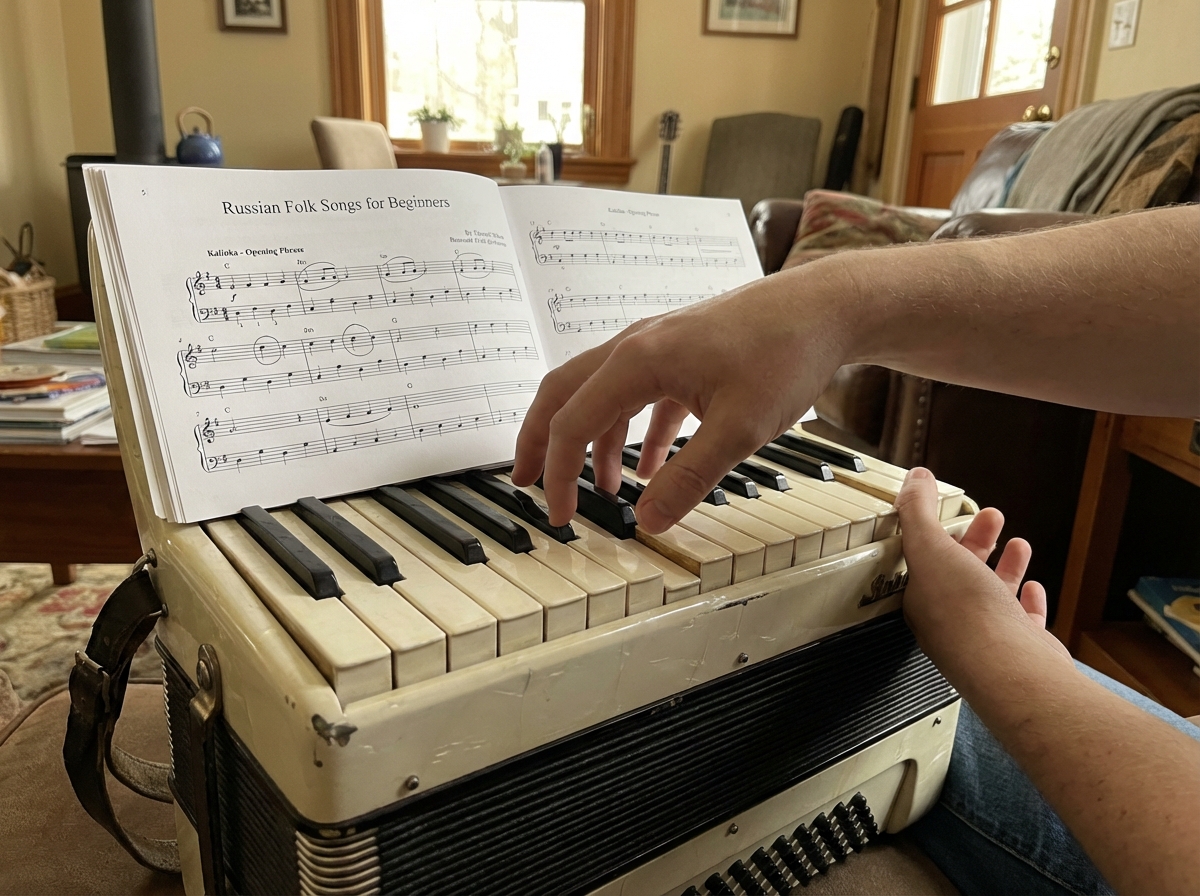Scene showing a beginner's right hand on piano accordion keys practicing the opening phrase of a Russian folk melody, with left hand resting away from bass buttons, illustrating isolated right-hand learning technique
