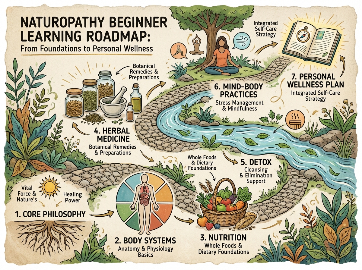 Naturopathy beginner learning roadmap showing sequential stages from core philosophy through body systems, nutrition, herbal medicine, detox, and mind-body practices to personal wellness plan