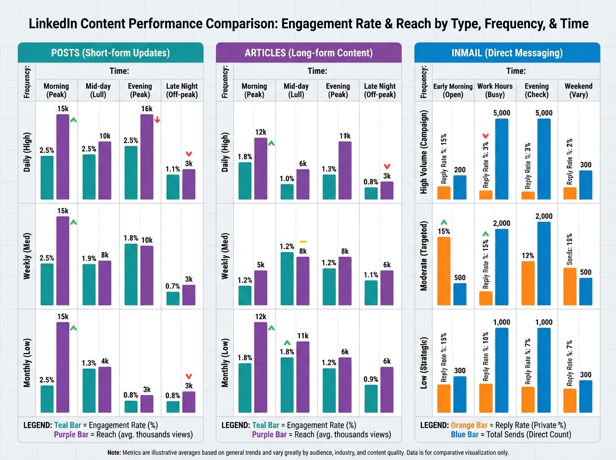 LinkedIn content performance comparison chart showing engagement rate and reach for posts versus articles versus InMail across different posting frequencies and times of day