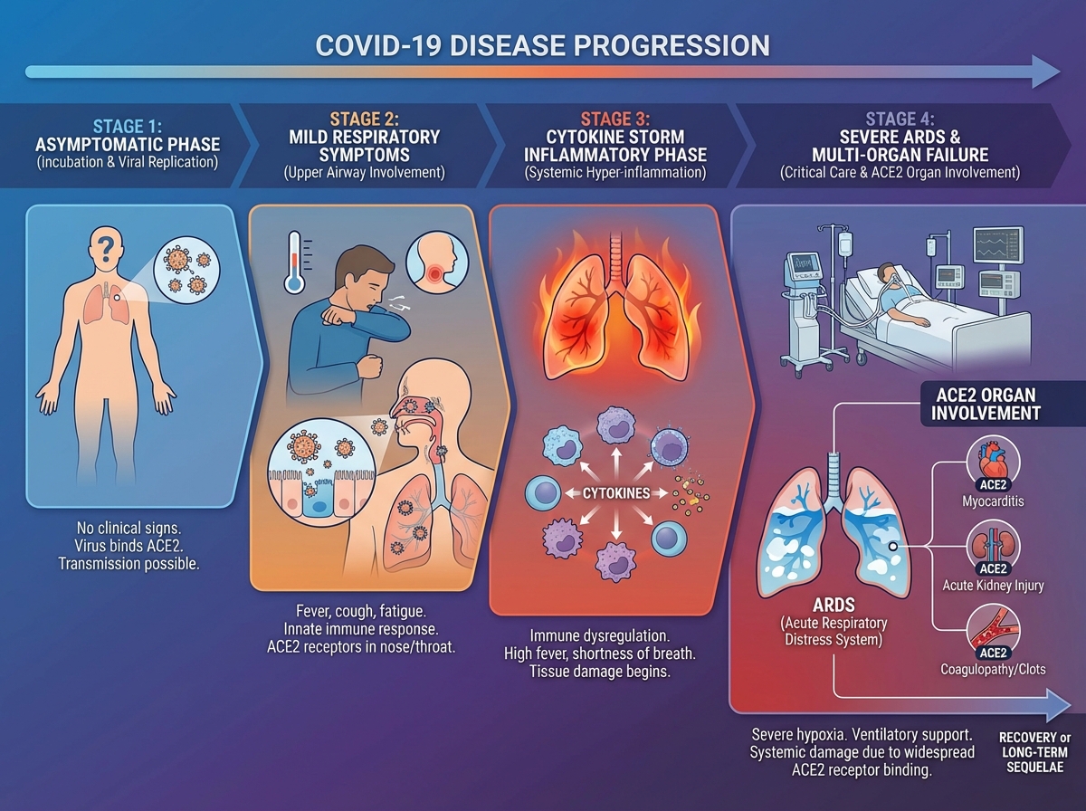 COVID-19 disease progression timeline showing asymptomatic phase, mild respiratory symptoms, cytokine storm inflammatory phase, and severe ARDS stage with ACE2 organ involvement labels