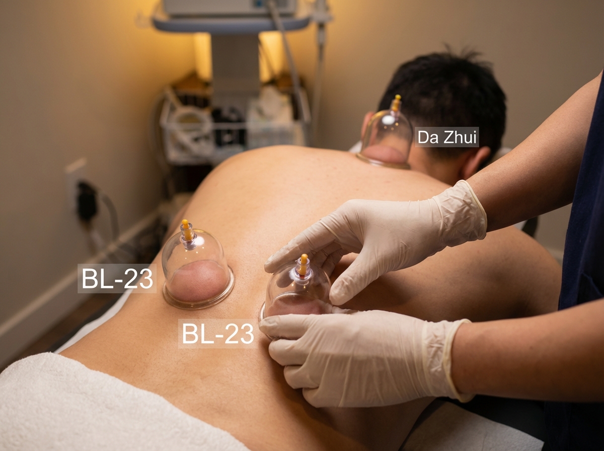 Close-up scene of cupping therapy session showing vacuum cups placed on back acupoints BL-23 and Da Zhui, with practitioner hands visible and point labels annotated over the image