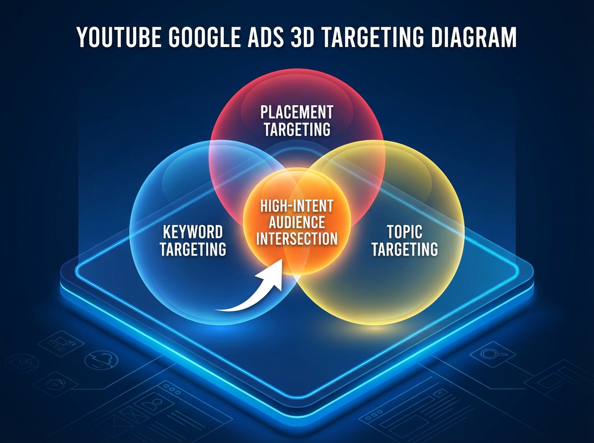 YouTube Google Ads 3D targeting diagram showing three overlapping circles for keyword targeting, placement targeting, and topic targeting with the high-intent audience intersection labeled at center