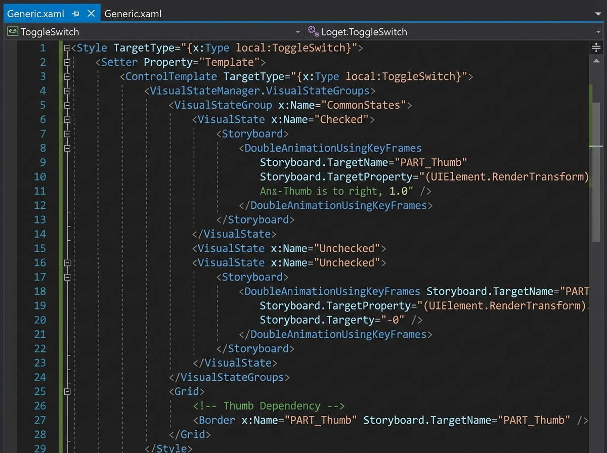WPF ToggleSwitch custom control showing VisualStateManager states in Generic.xaml with Checked and Unchecked VisualState animation storyboards and PART_Thumb dependency