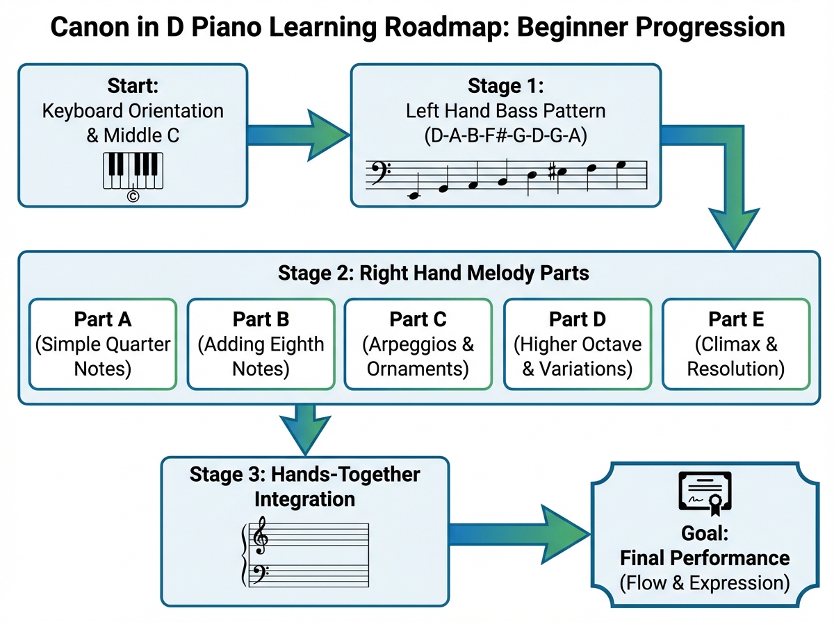Canon in D piano learning roadmap showing beginner progression from keyboard orientation and Middle C through left hand bass pattern, right hand melody parts A through E, and final hands-together performance