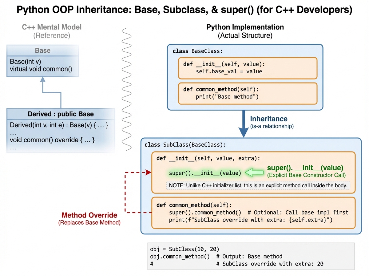 Python OOP inheritance diagram showing base class, subclass with super() constructor call, and method override — designed for C++ developers learning Python class structure