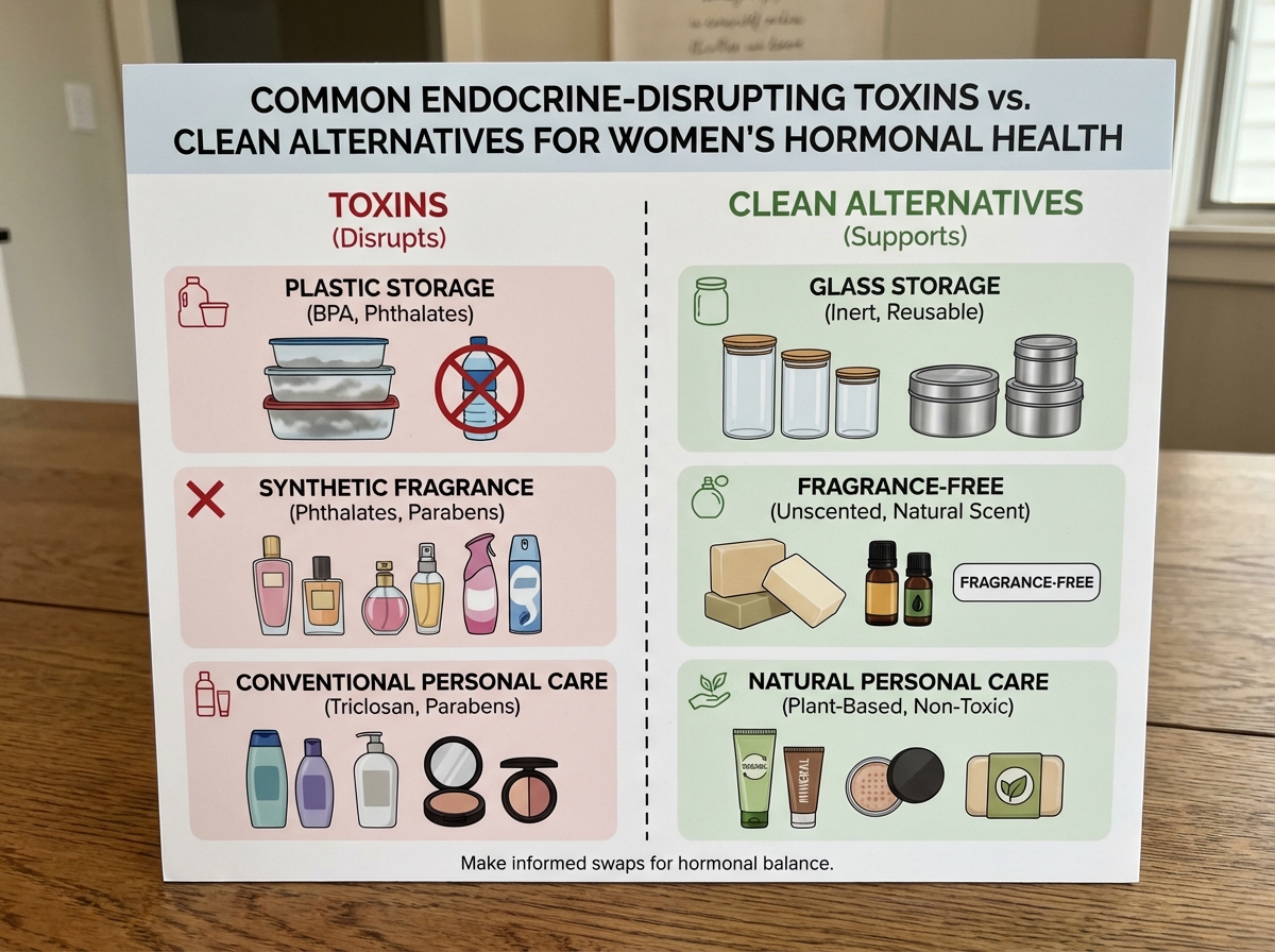 Common endocrine-disrupting toxins vs clean alternatives for women's hormonal health, showing side-by-side product categories: plastic vs glass storage, synthetic fragrance vs fragrance-free, conventional vs natural personal care