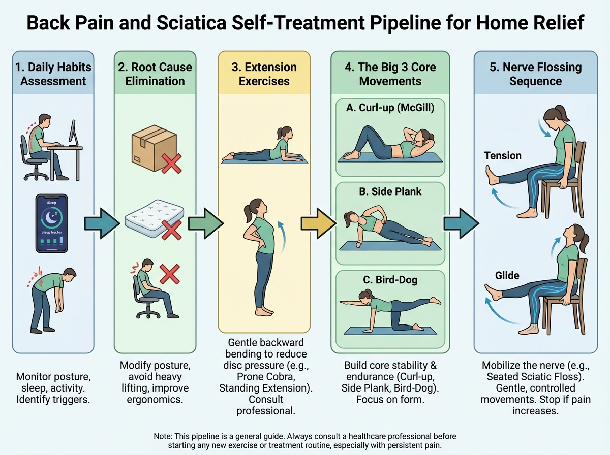 Back pain and sciatica self-treatment pipeline showing daily habits assessment, root cause elimination, extension exercises, the Big 3 core movements, and nerve flossing sequence for home relief