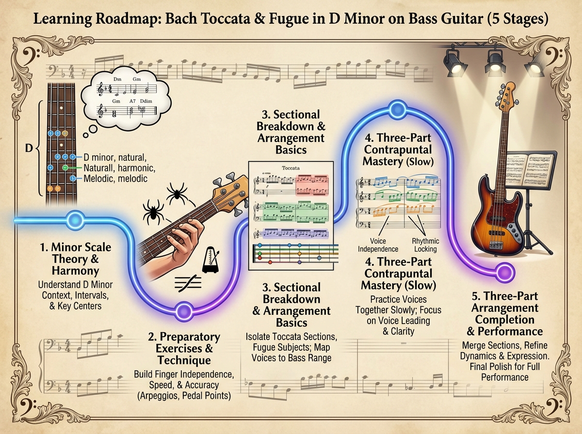 Learning roadmap for Bach Toccata and Fugue in D minor on bass guitar showing five sequential stages from minor scale theory through preparatory exercises to three-part arrangement completion