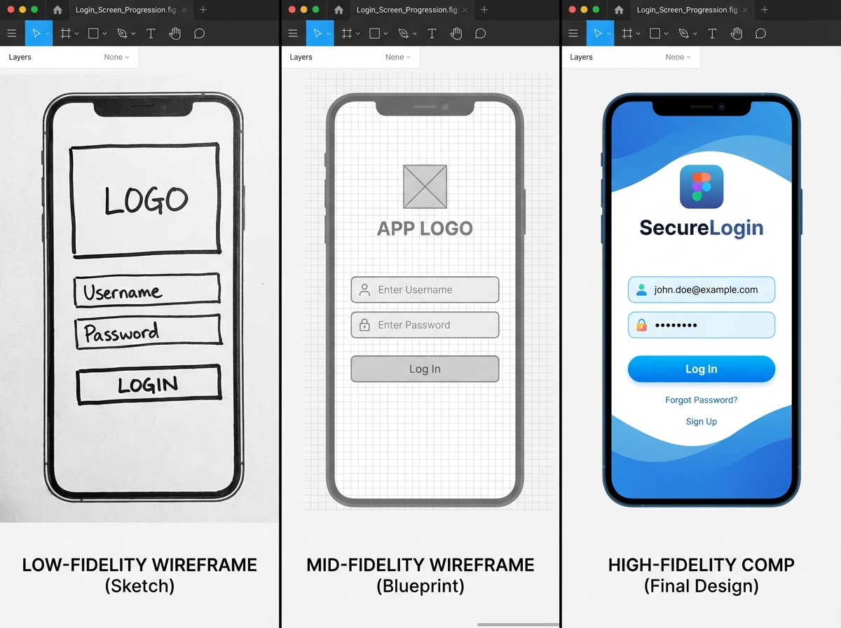 Side-by-side comparison of low-fidelity, mid-fidelity, and high-fidelity Figma mobile app wireframes showing a login screen at each stage of design progression