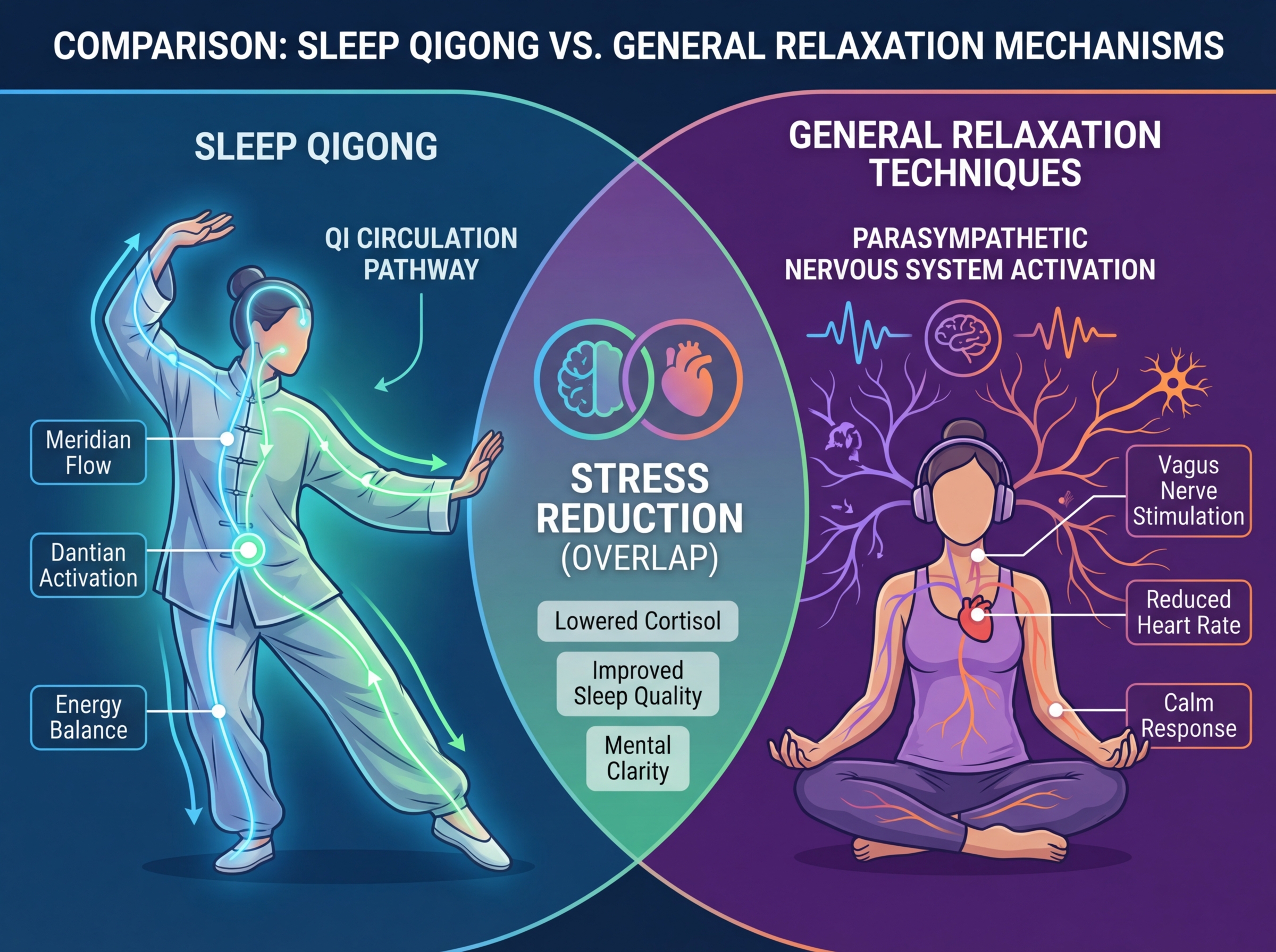 Comparison of sleep qigong versus general relaxation techniques, showing side-by-side mechanisms: qi circulation pathway on left, parasympathetic nervous system activation on right, with overlap in stress reduction