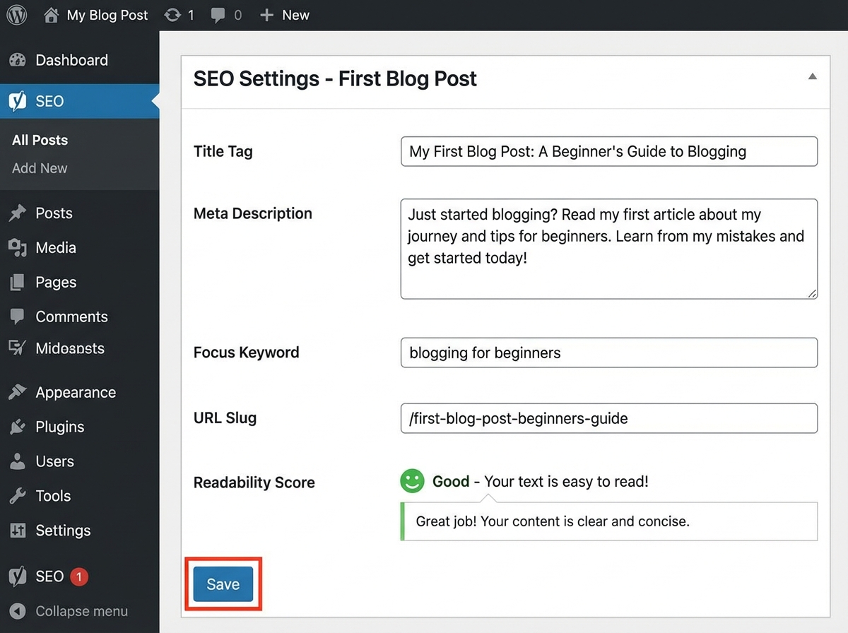 WordPress dashboard showing SEO plugin on-page settings panel with title tag, meta description, focus keyword, URL slug, and readability score fields configured for a blogging beginner's first article