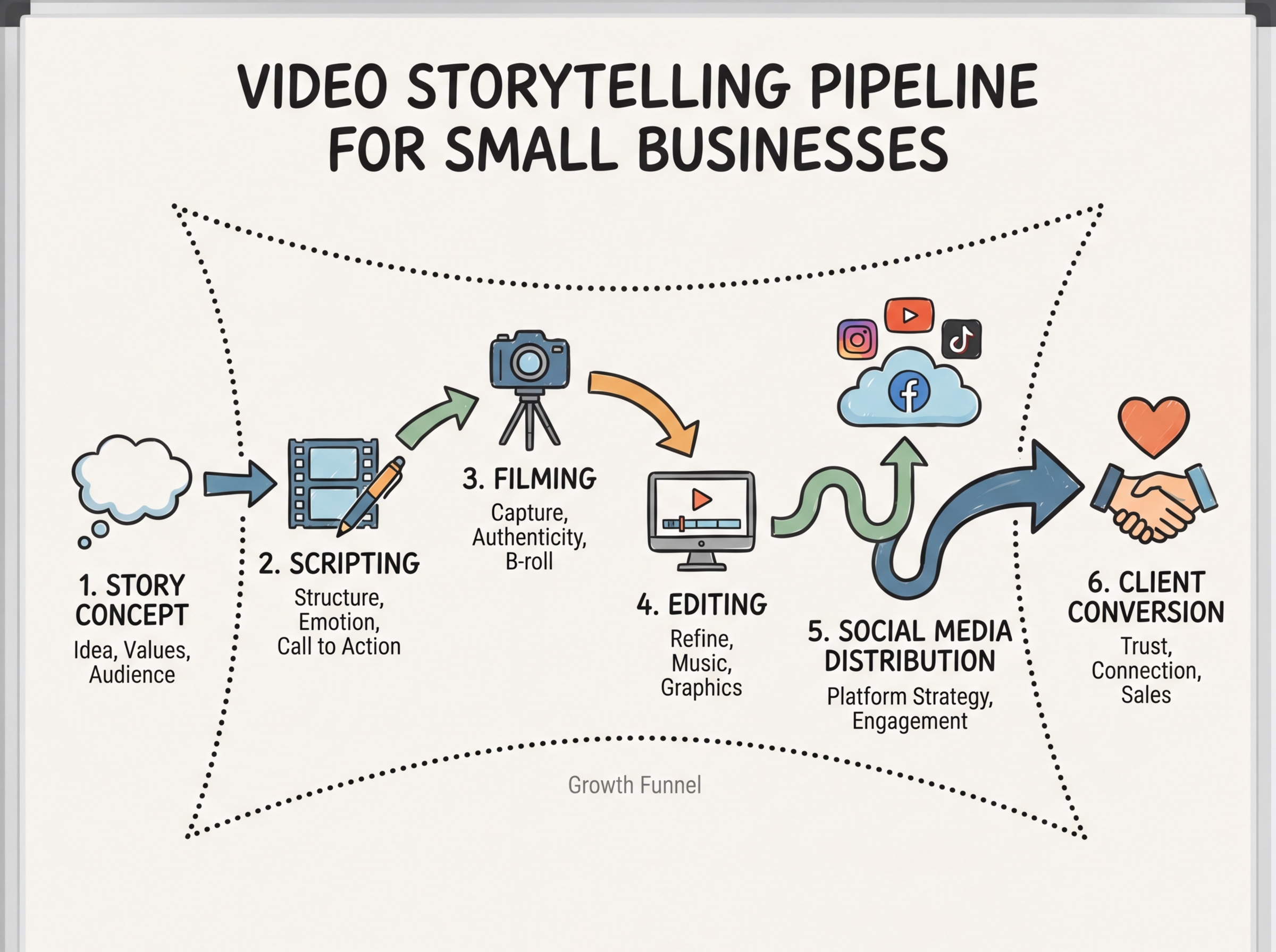 Video storyselling pipeline diagram for small businesses showing the flow from story concept through scripting, filming, editing, and social media distribution to client conversion