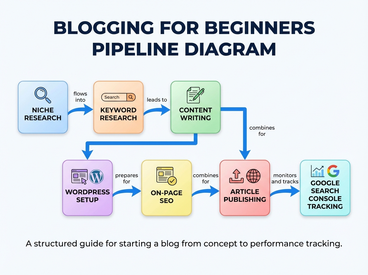 Blogging for beginners pipeline diagram showing niche research flowing into keyword research, content writing, WordPress setup, on-page SEO, article publishing, and Google Search Console tracking