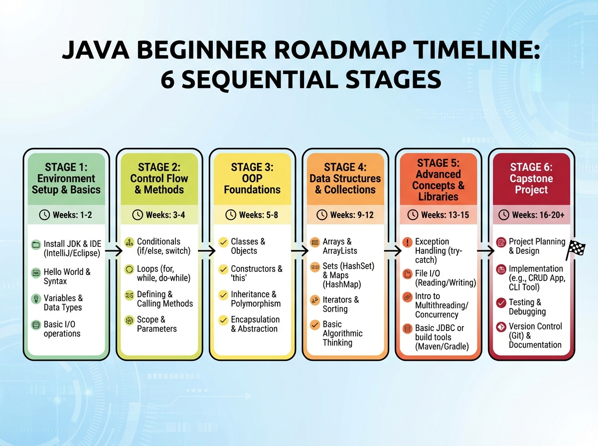 Java programming beginner roadmap timeline showing 6 sequential stages from environment setup through capstone project with estimated weeks per stage