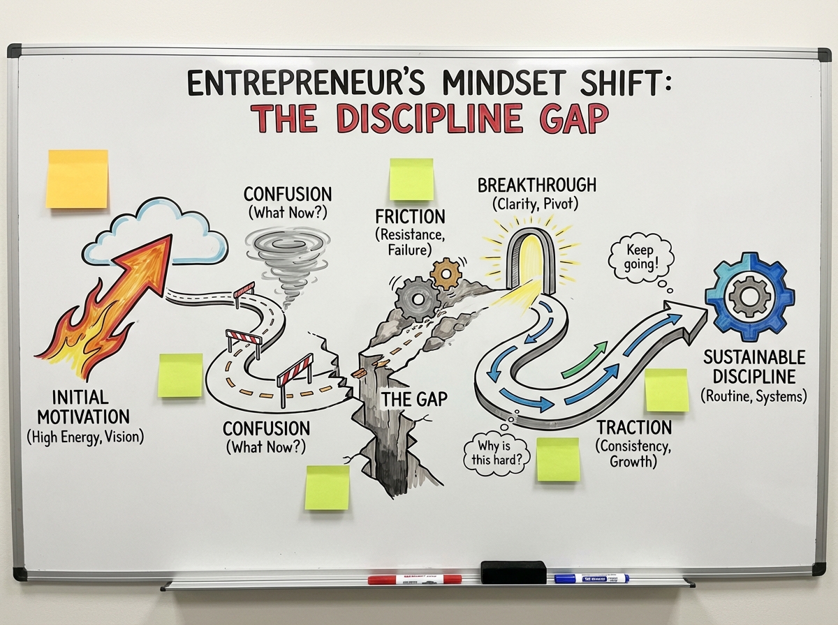 Mindset shift concept visual for entrepreneurs showing the gap between initial motivation and sustainable discipline, with markers for confusion, friction, breakthrough, and traction phases in a startup journey