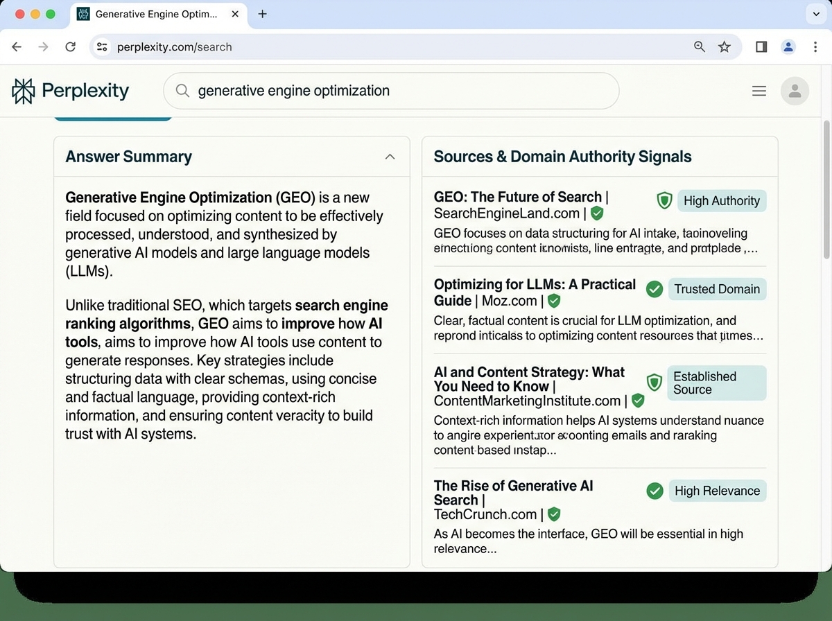 Screenshot of Perplexity AI search results for a generative engine optimization query showing cited sources panel, answer summary, and domain authority signals used for citation