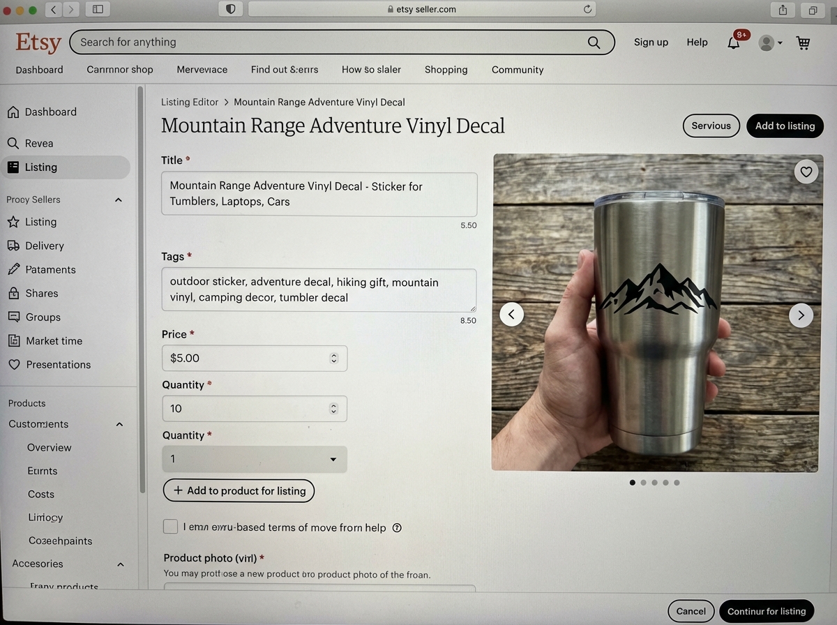 Etsy seller dashboard showing a vinyl decal listing editor with title, tags, and pricing fields filled in, alongside a product photo of a decal applied to a stainless steel tumbler