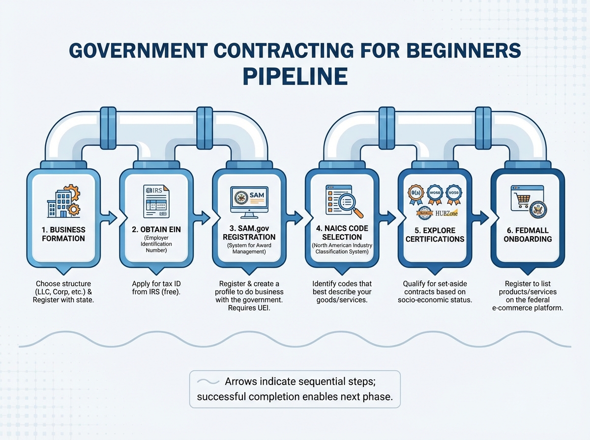Government contracting for beginners pipeline diagram showing business formation, EIN, SAM.gov registration, NAICS code selection, certifications, and FedMall onboarding as sequential steps
