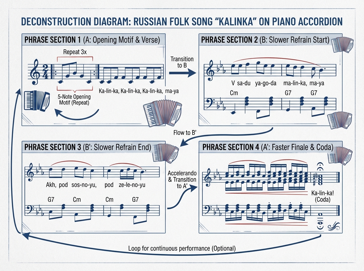Deconstruction diagram for Russian folk song Kalinka on piano accordion showing the four labeled phrase sections with note groupings, arrows indicating transitions, and repeat markers for the five-note opening motif