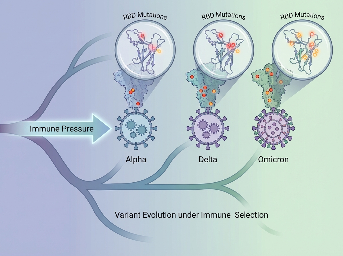 SARS-CoV-2 variant evolution concept showing immune pressure selecting for spike protein mutations across Alpha, Delta, and Omicron variants with receptor binding domain highlight