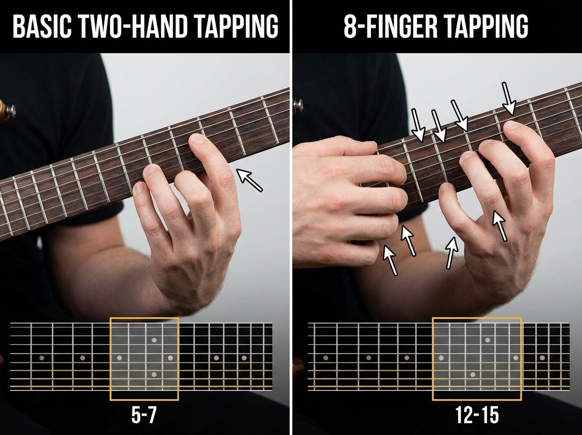 Side-by-side comparison of basic two-hand tapping versus 8-finger tapping on electric guitar fretboard showing hand positions, active fingers, and interval range for each technique