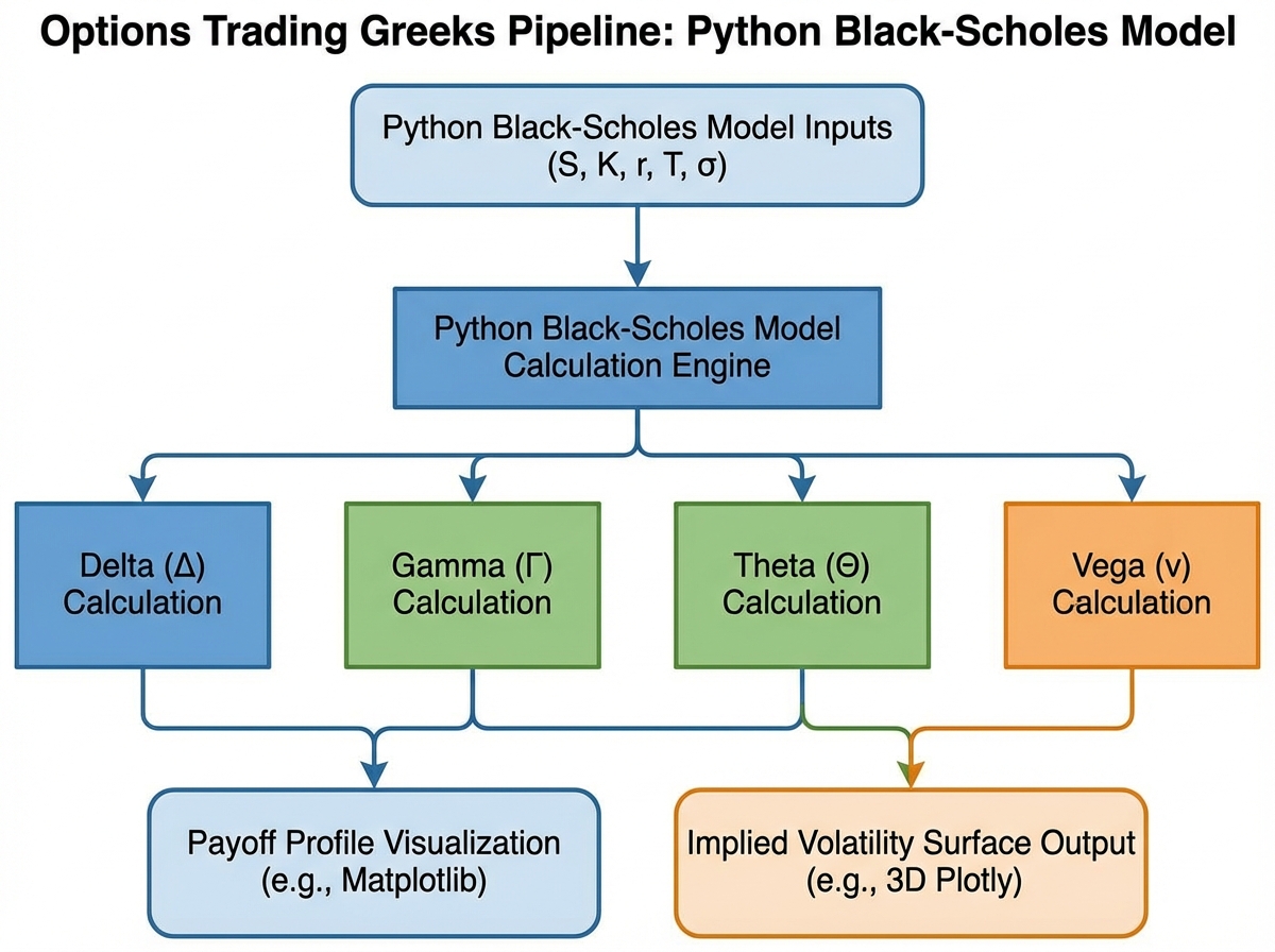 Options trading Greeks pipeline diagram showing Python Black-Scholes model inputs flowing through Delta, Gamma, Theta, Vega calculations to payoff profile visualization and implied volatility surface output