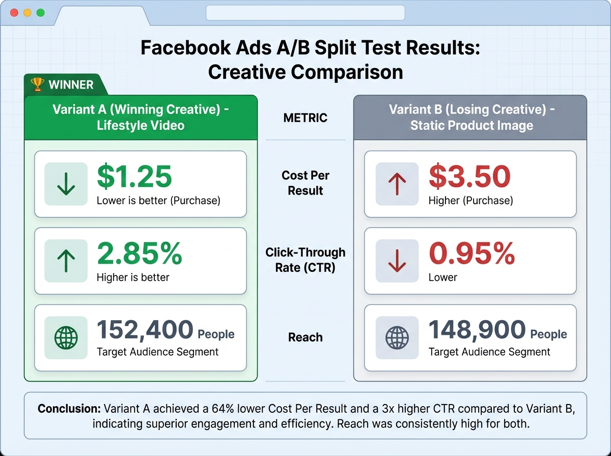 Facebook Ads A/B split test results chart comparing two ad creatives showing cost per result click-through rate and reach for a Facebook marketing campaign with winning variant highlighted