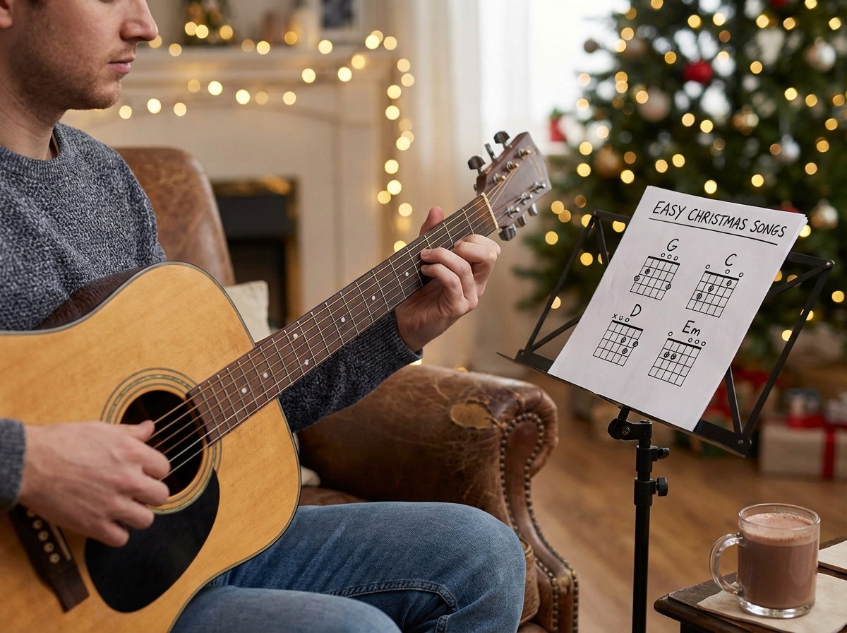 Beginner guitarist playing open chord shapes for easy Christmas guitar songs on acoustic guitar, with chord diagram sheet visible on music stand beside them