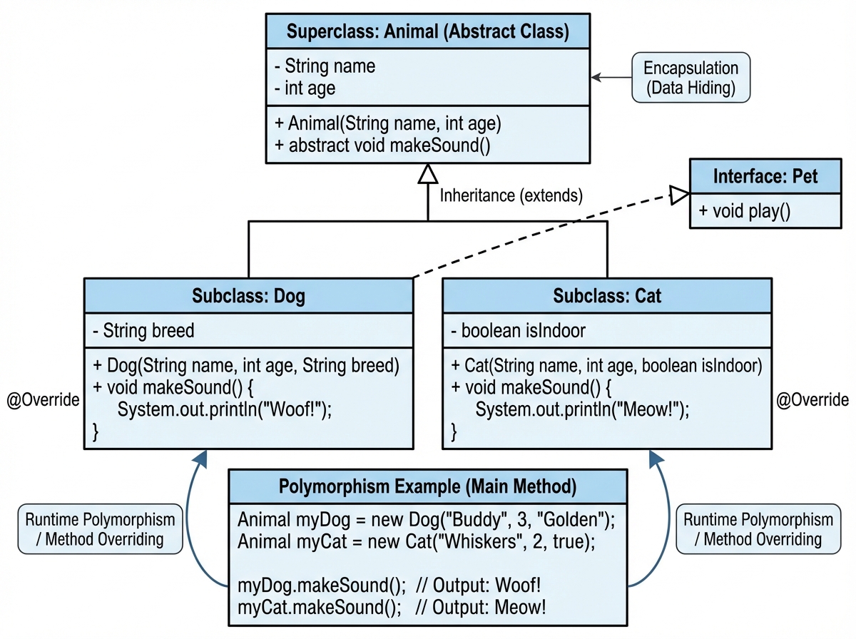Java OOP concepts diagram showing hierarchy with inheritance arrow, interface implementation, encapsulation via private fields, and polymorphism example with method overriding