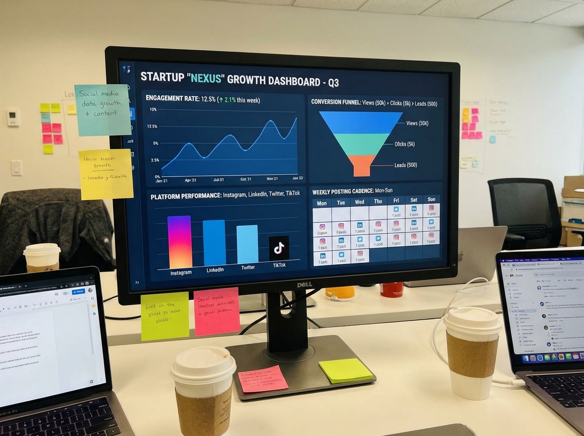 Social media growth dashboard scene for a startup showing engagement rate, conversion funnel from content views to leads, platform performance comparison, and weekly posting cadence metrics