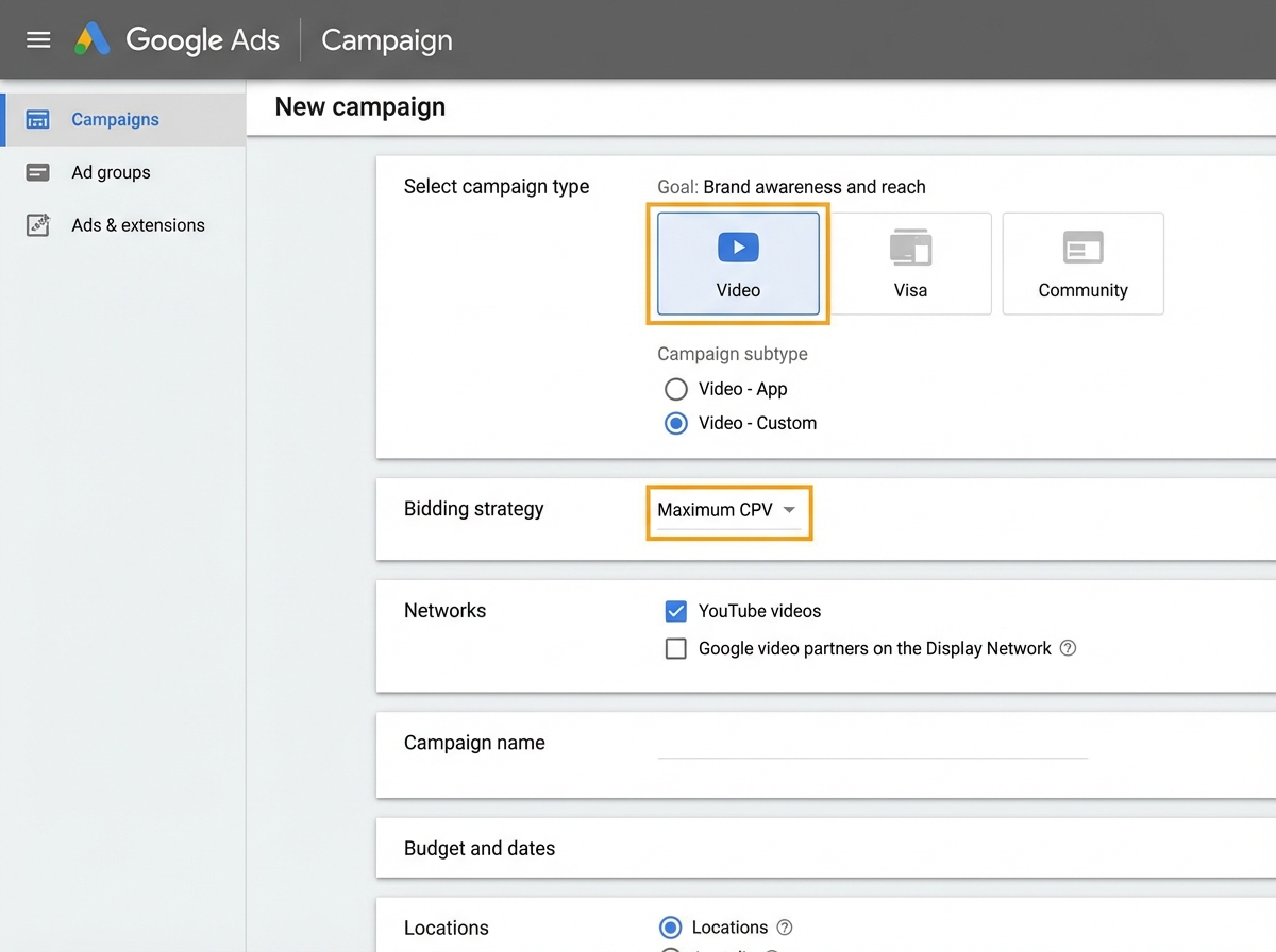 Google Ads new interface showing YouTube video campaign creation screen with campaign type selection, bidding strategy dropdown set to Maximum CPV, and network settings with Google video partners unchecked