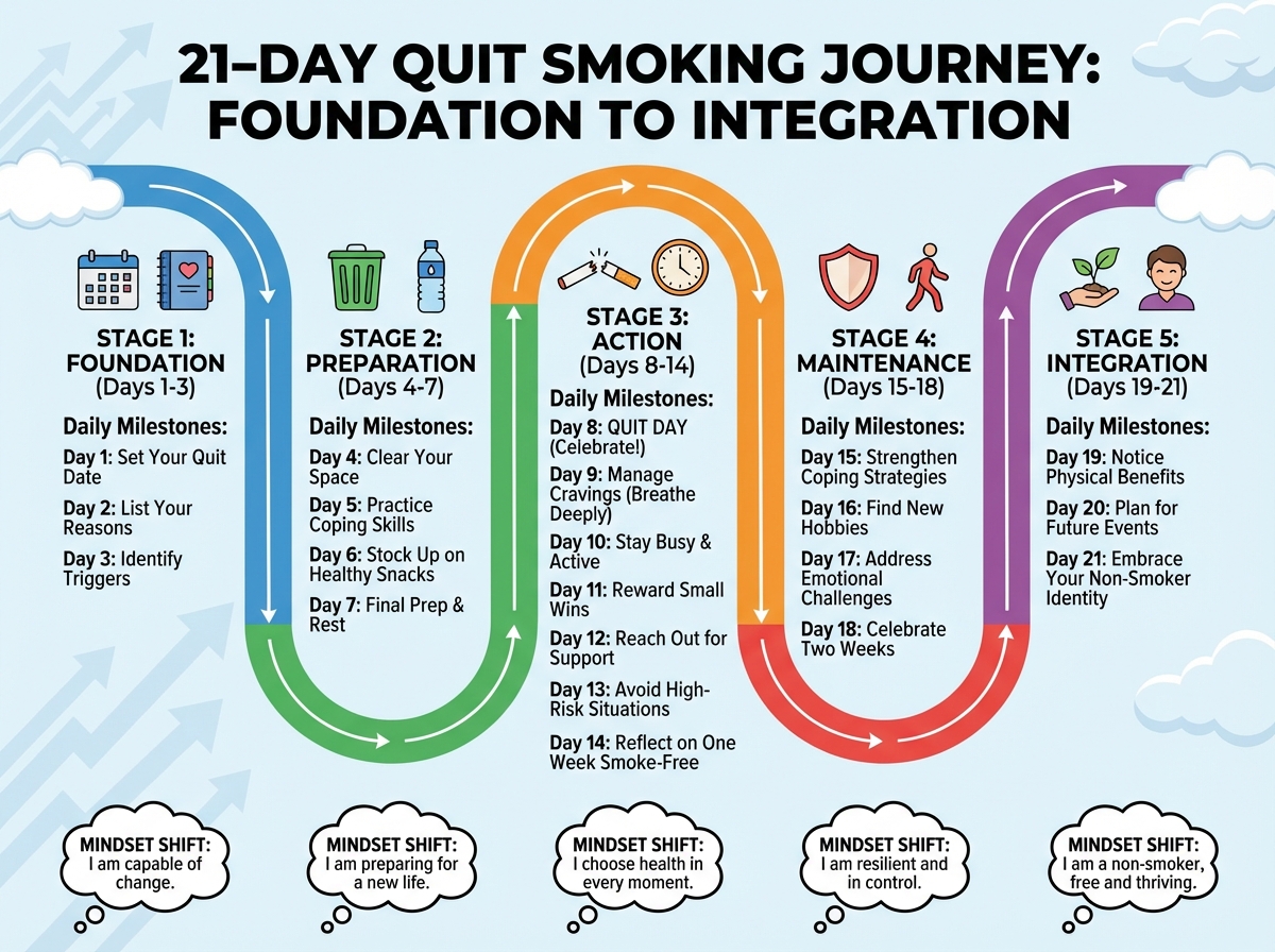 Quit smoking 21-day timeline showing five sequential stages from foundation to integration, with daily milestones and mindset shifts mapped to each stage