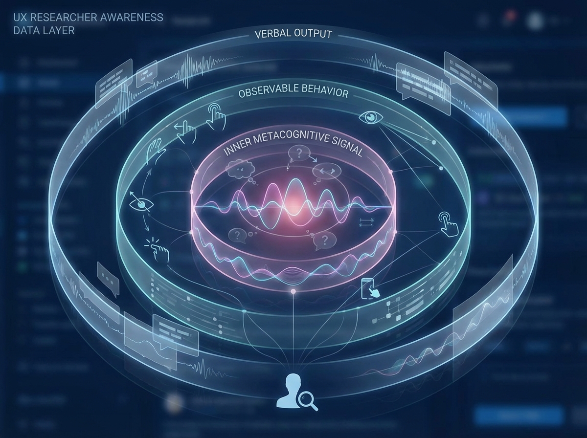 Abstract visualization of researcher awareness as a data layer in UX research note-taking showing three concentric rings: verbal output, observable behavior, and inner metacognitive signal