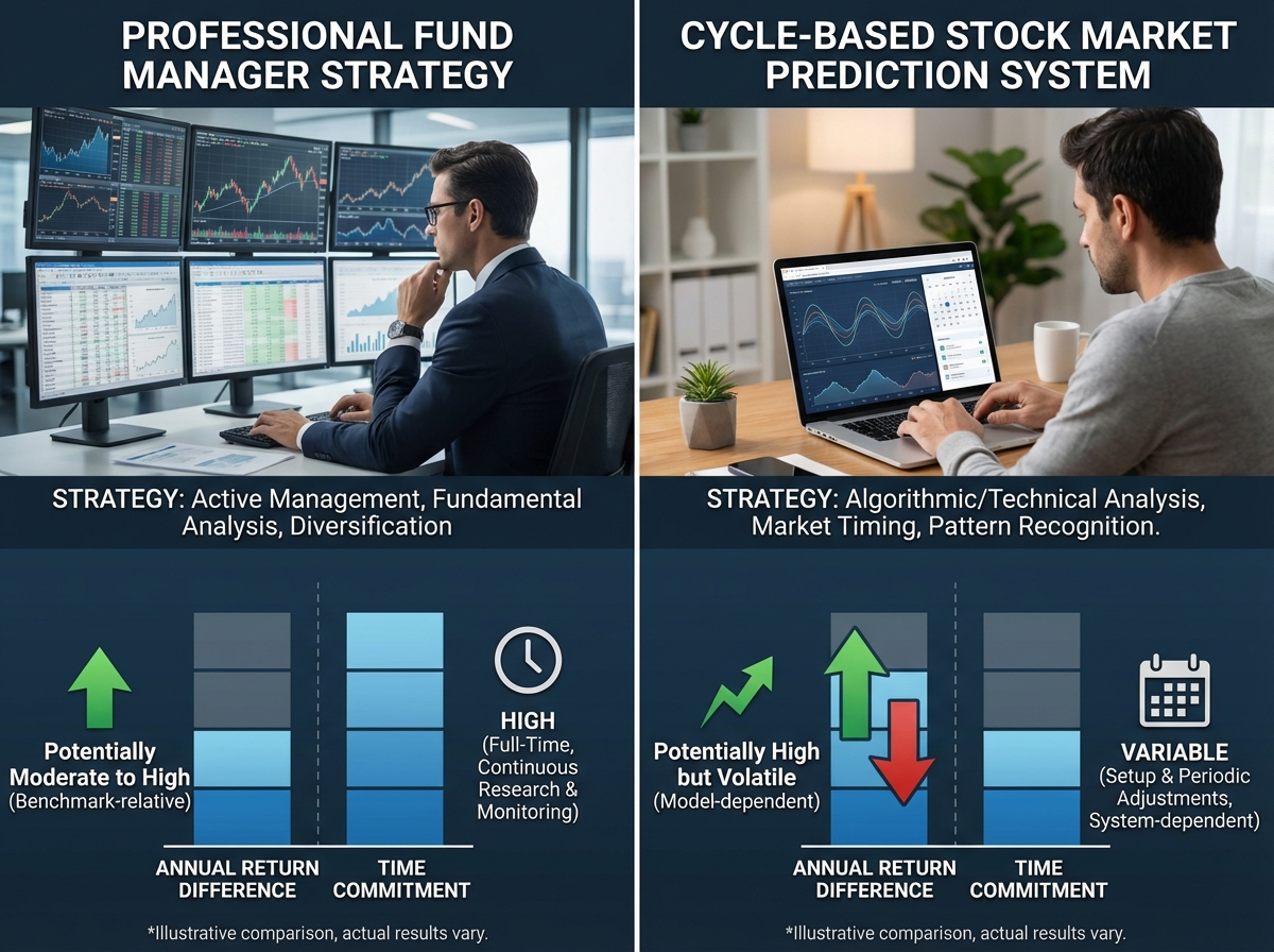 Side-by-side comparison of professional fund manager strategy vs cycle-based stock market prediction system, showing annual return difference and time commitment per approach