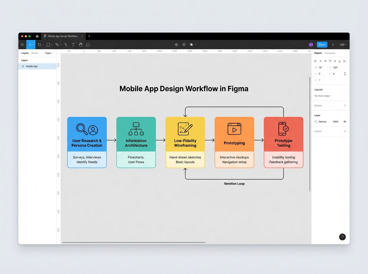 Mobile app design in Figma workflow diagram showing stages from user research and persona creation through information architecture, low-fidelity wireframing, and prototype testing