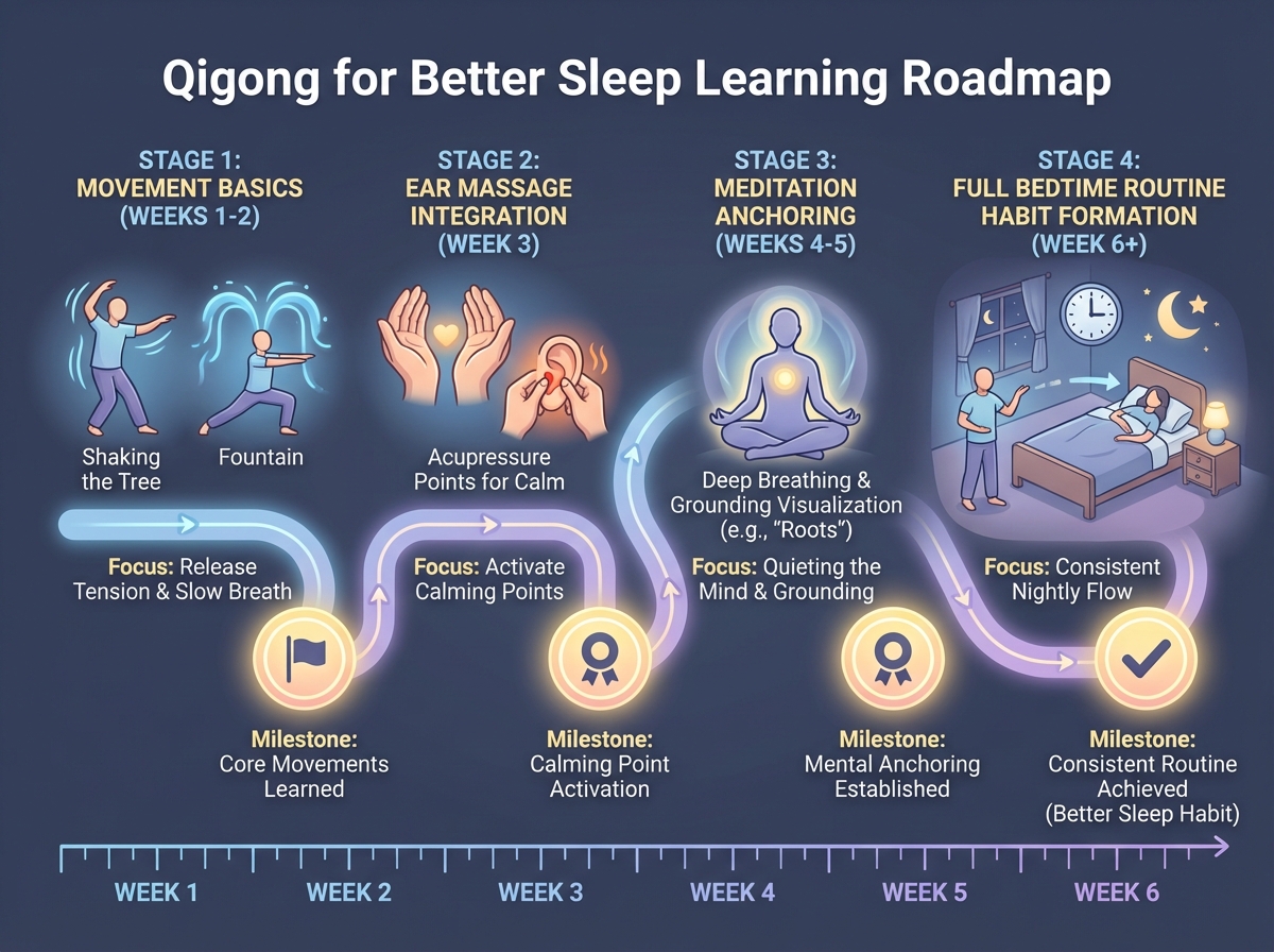 Qigong for better sleep learning roadmap with four stages across six weeks: movement basics, ear massage integration, meditation anchoring, and full bedtime routine habit formation with milestone markers