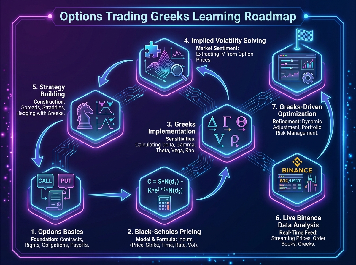 Options trading Greeks learning roadmap showing seven sequential stages from options basics through Black-Scholes pricing, Greeks implementation, implied volatility solving, strategy building, and live Binance data analysis