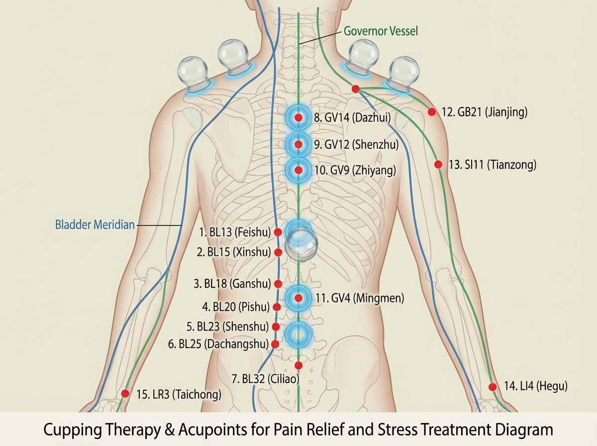 Cupping therapy with acupoints diagram showing human back with 15 key acupuncture points labeled, suction cup placement positions, and meridian pathways for pain relief and stress treatment