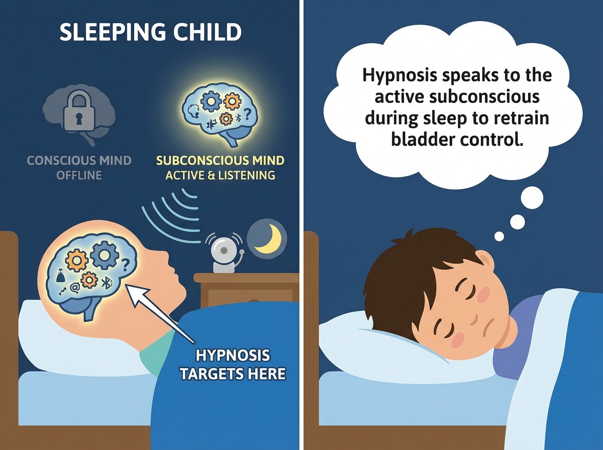 Visual concept showing conscious mind going offline during sleep while subconscious mind remains active, illustrating why bedwetting hypnosis for children targets the sleep state directly