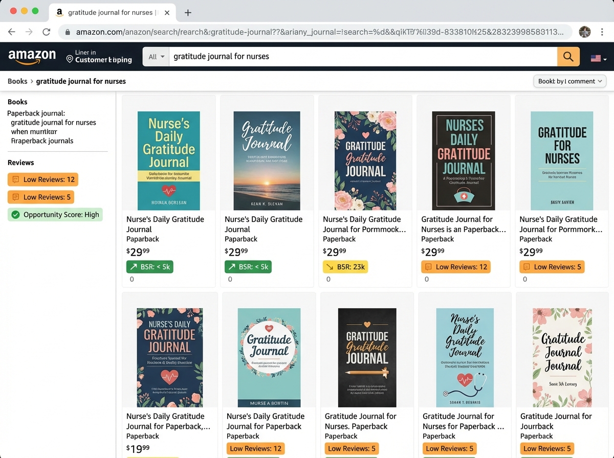 Amazon KDP niche research screenshot showing search results page with bestseller rank indicators and low review count signals for low content book validation