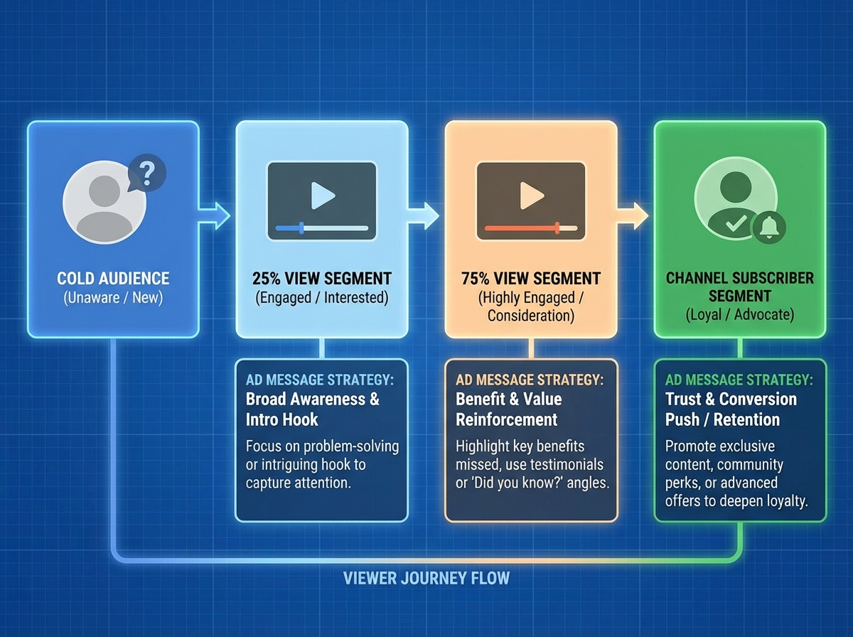YouTube remarketing audience segmentation concept showing viewer journey from cold audience through 25 percent view segment, 75 percent view segment, and channel subscriber segment with corresponding ad message strategy for each