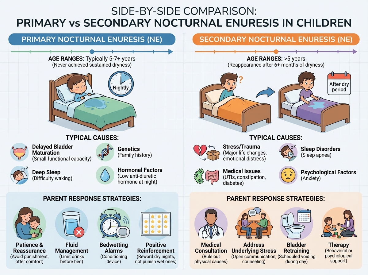 Side-by-side comparison of primary vs secondary nocturnal enuresis in children, showing age ranges, typical causes, and different parent response strategies for each type
