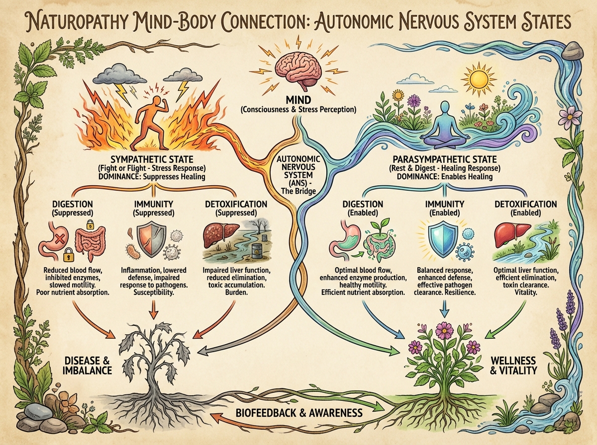 Naturopathy mind-body connection diagram showing autonomic nervous system states — sympathetic vs parasympathetic — and how each state enables or suppresses digestion, immunity, and detoxification